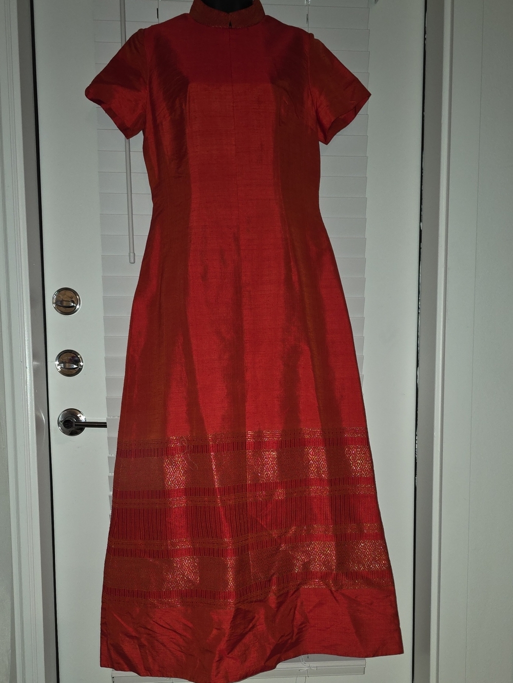 Vintage 1960s Red Silk Cheongsam Qipao Maxi Dress - Gold Brocade Trim